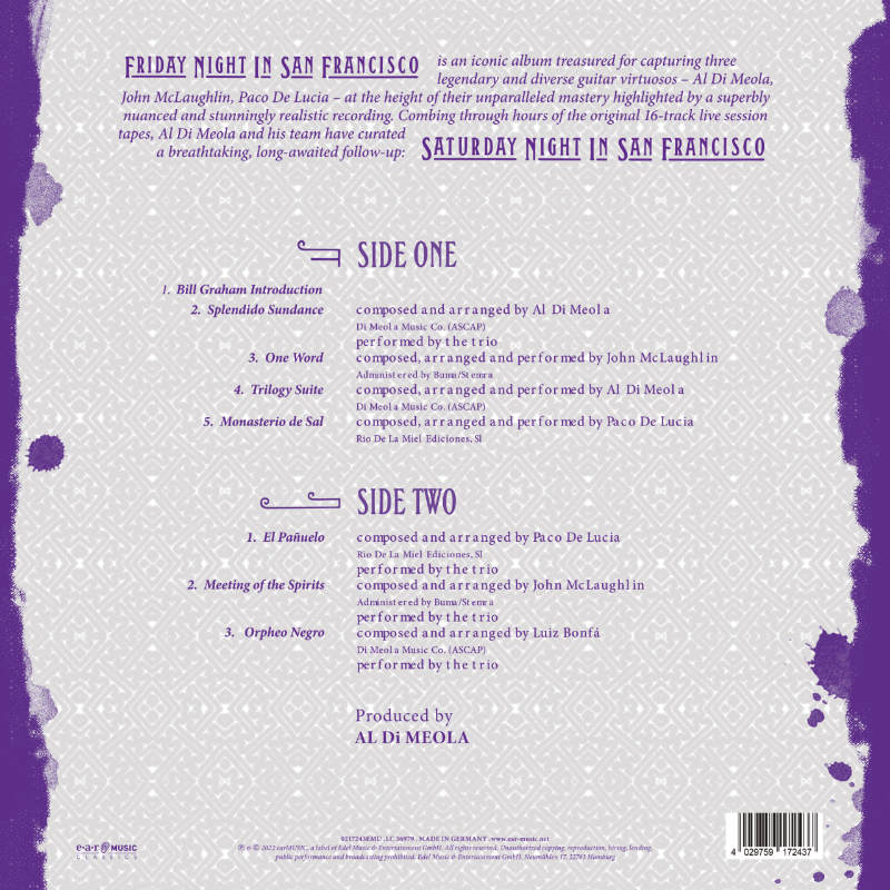 Al Di Meola, John McLaughlin and Paco de Lucia Saturday Night In San Francisco Cover Backside