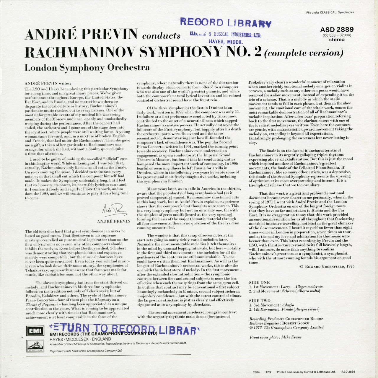 Andre Previn Rachmaninov 2nd Symphony Cover Backside