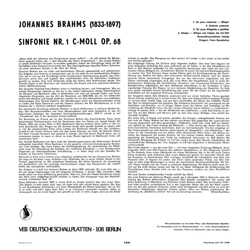 Johannes Brahms Symphony No 1 Cover Backside