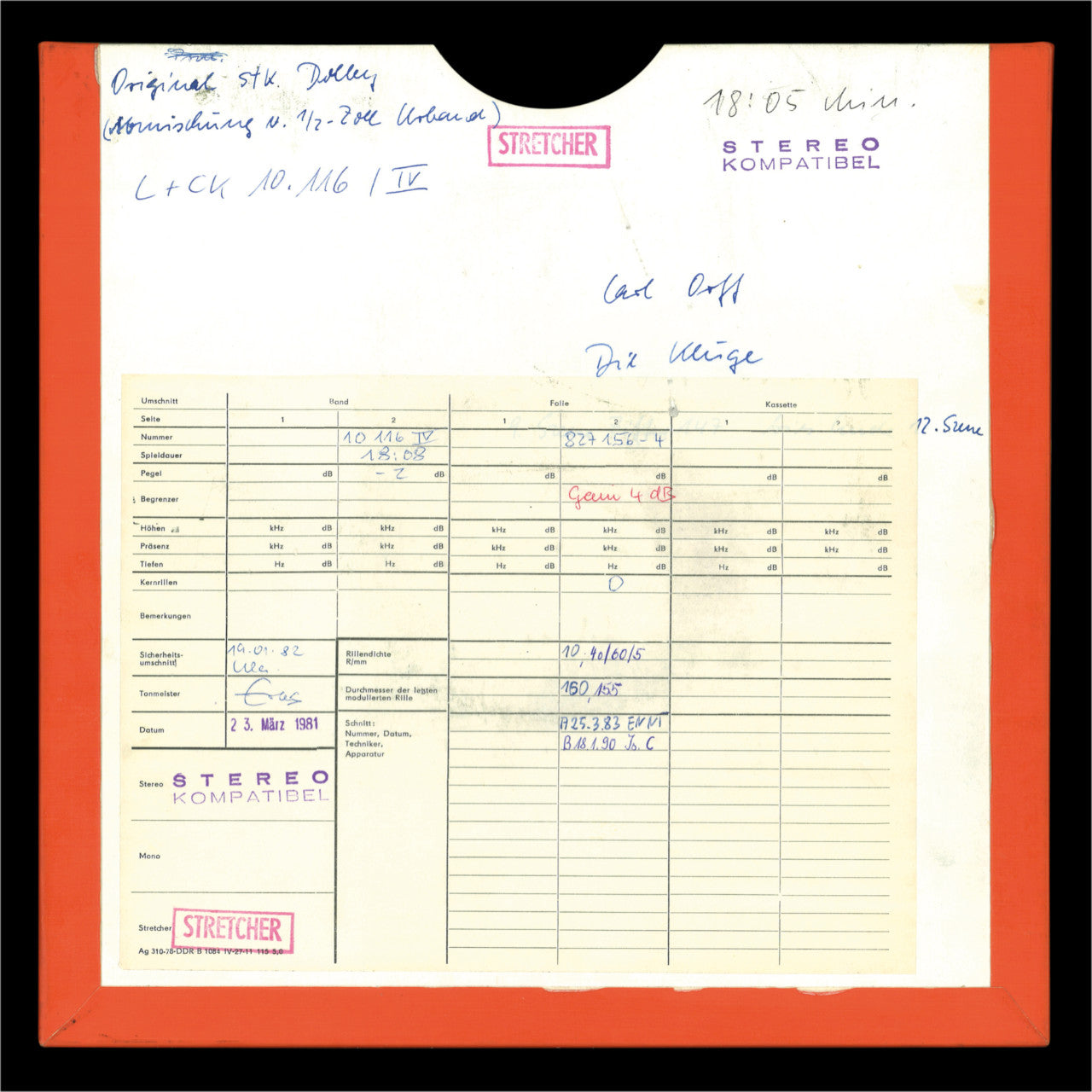 Carl Orff Die Kluge Original Master Tape 8