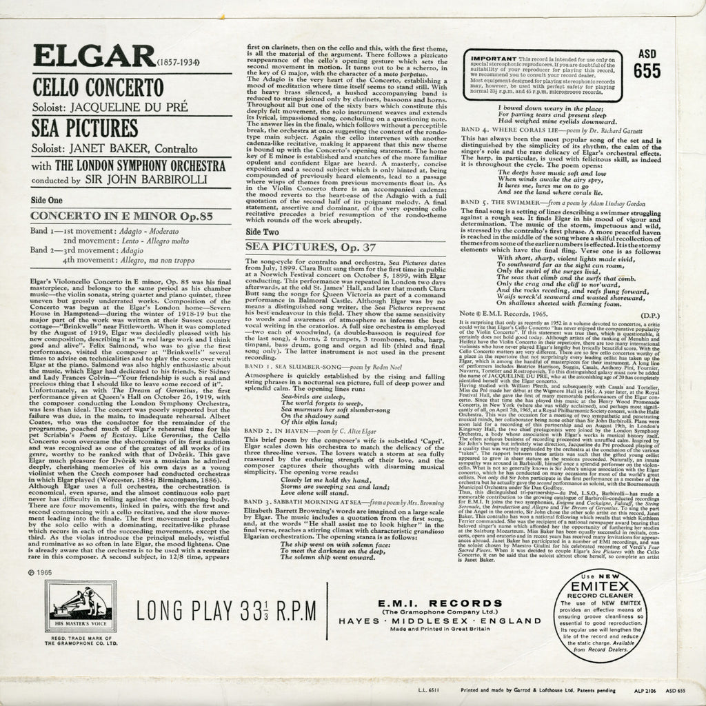 Edward Elgar Cello Concerto and Sea Pictures Cover Backside