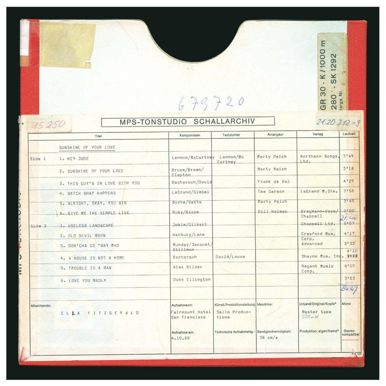 Ella Fitzgerald Sunshine Of Your Love Original Master Tape