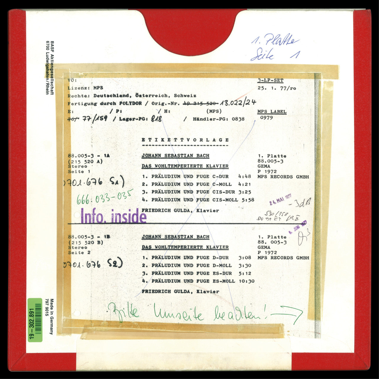 Friedrich Gulda Bach The Well-Tempered Clavier Original Master Tape 1