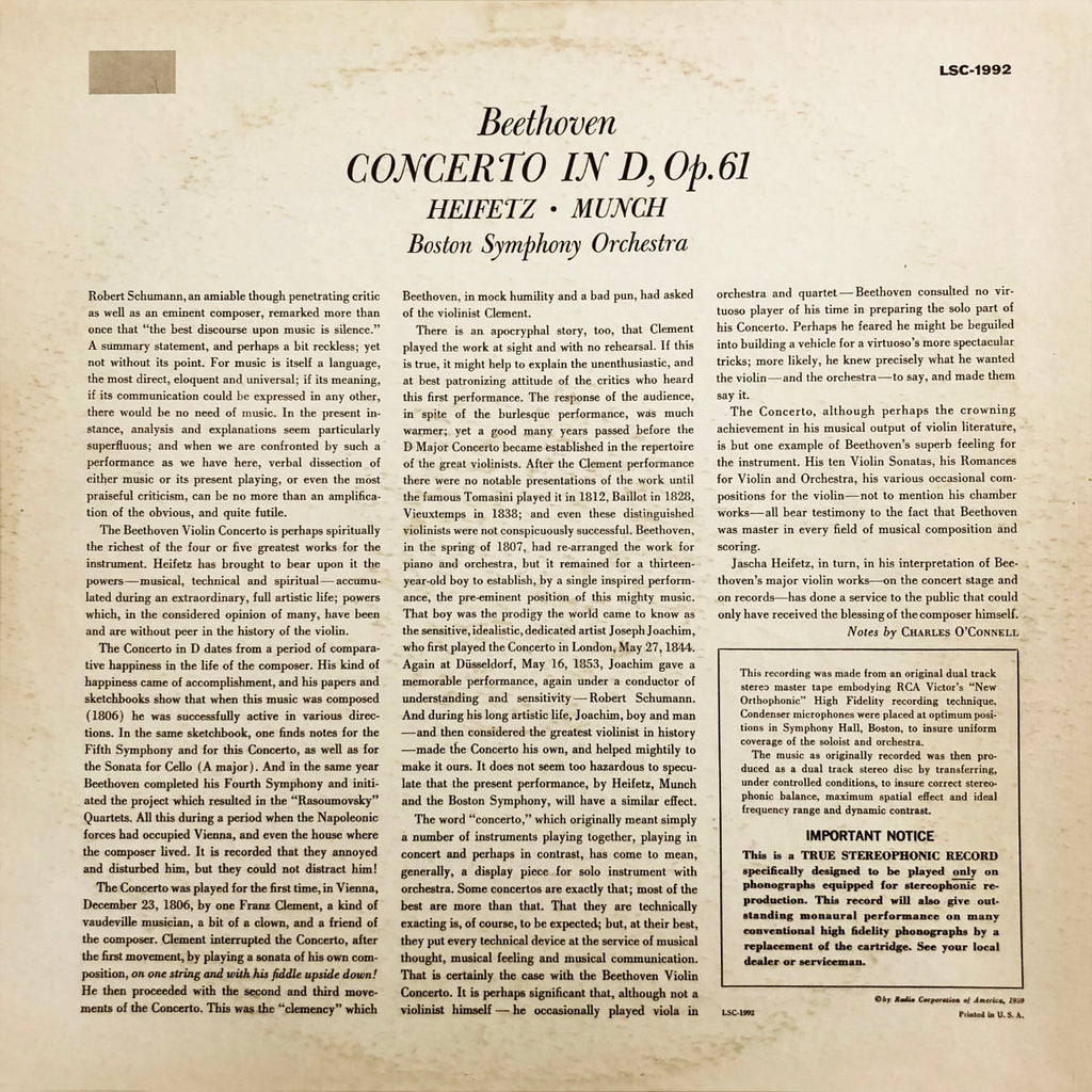 Heifetz Munch Beethoven Violin Concerto Cover Backside