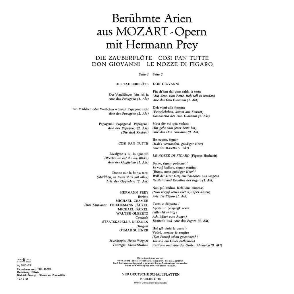 Famous Arias from Mozart Operas with Hermann Prey Cover Backside