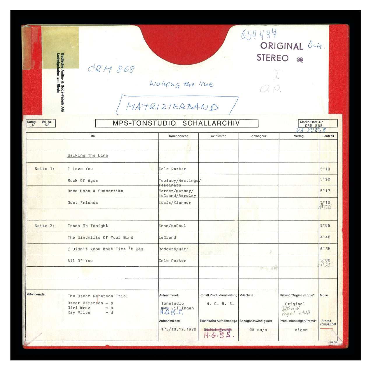 Oscar Peterson Walking The Line Original Master Tape