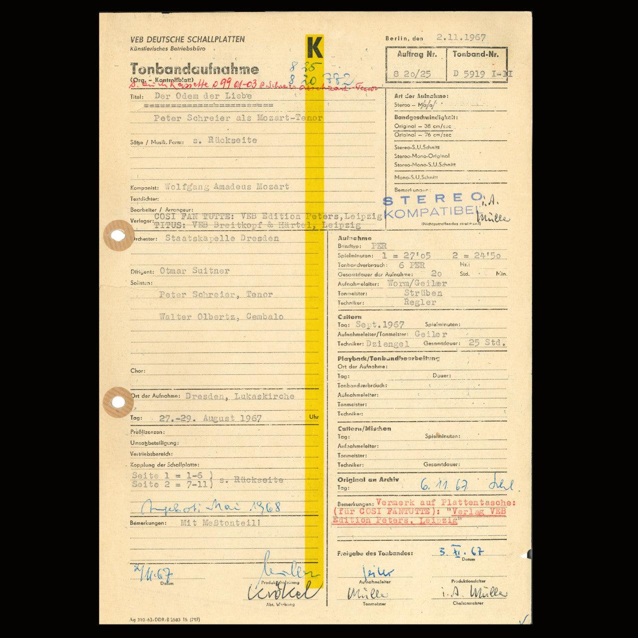 Peter Schreier Mozart Der Odem der Liebe Original Master Tape Notes