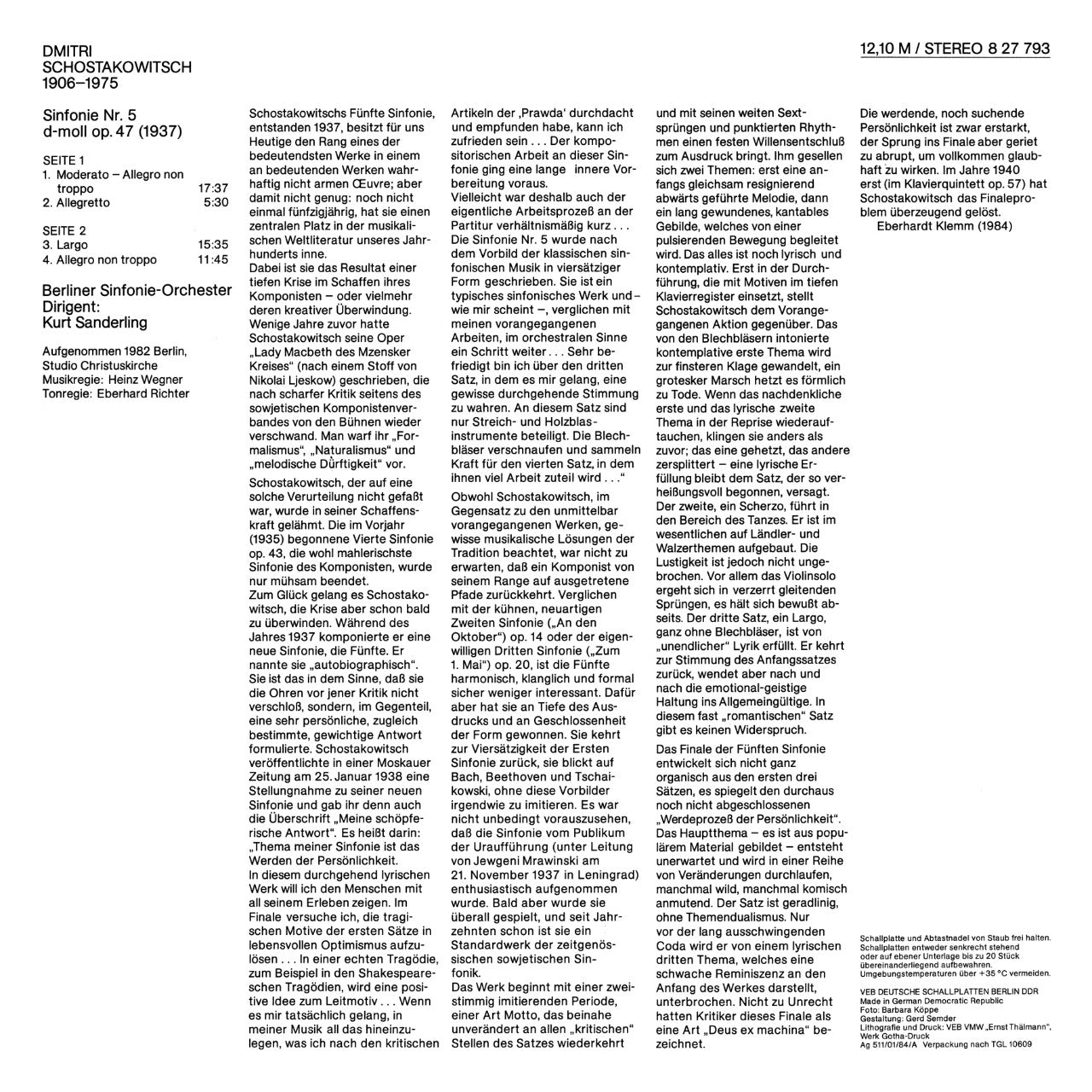 Kurt Sanderling Dimitri Schostakowitsch Symphony No 5 Cover Backside