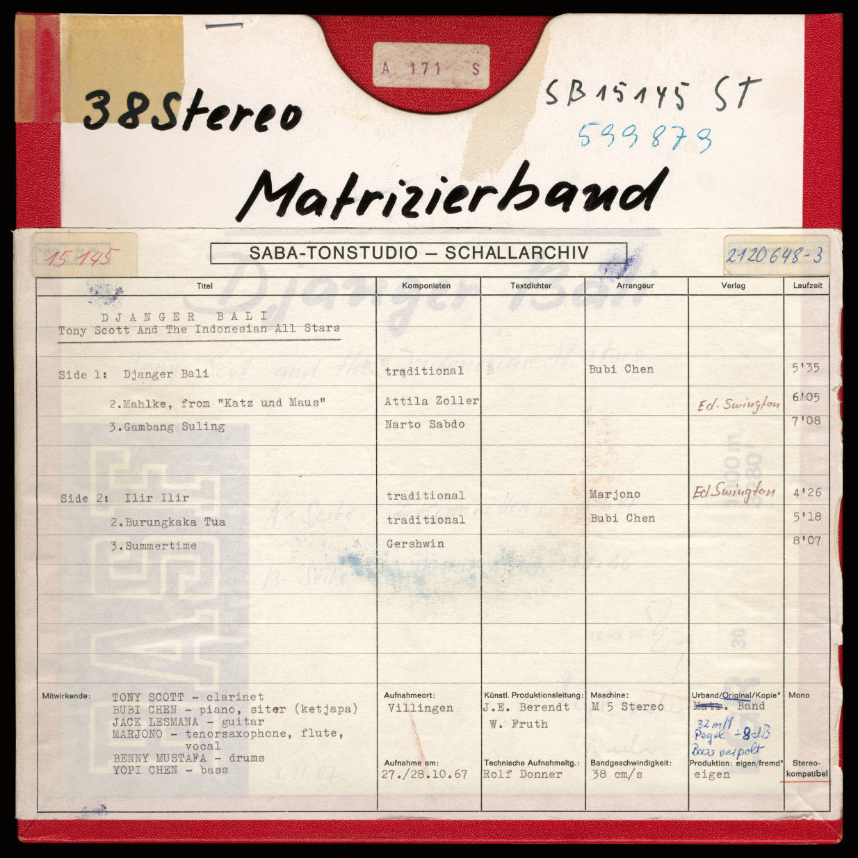 Tony Scott and the Indonesian All Stars Djanger Bali Original Master Tape